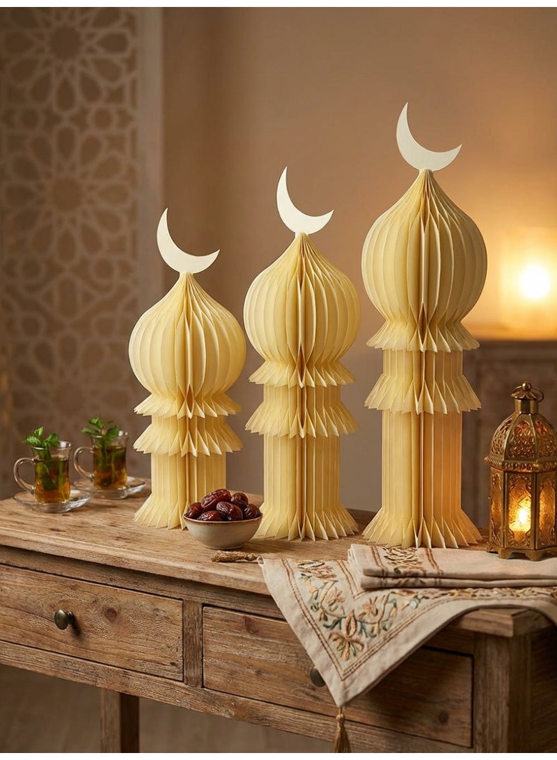 Tanseeq مجموعة من 3 حوامل مساجد من ورق العسل البيج لتزيين رمضان الأنيق زينة مركز الطاولة الإسلامية لعيد مبارك لوازم الحفلات قابلة للطي زينة المسجد ديكور منزلي محايد - Image 3